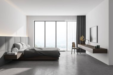 Beyaz duvarları, beton zemini, rahat kral yatağı ve televizyonu olan şık bir yatak odası. Bulanık görüşlü bir pencere. 3d oluşturma