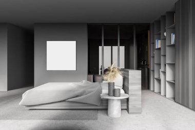 Gri ve ahşap duvarları, beton zemini, rahat kral yatağı, bir kitaplık ve kare maket posteriyle modern ana yatak odasının yan görüntüsü. 3d oluşturma