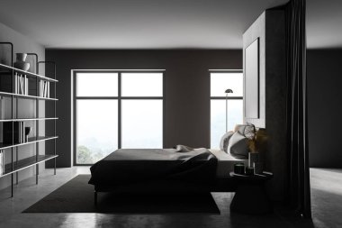 Gri ve beton duvarları, beton zemini, rahat kral yatağı ve bulanık manzaralı pencereleri olan şık bir yatak odası. 3d oluşturma