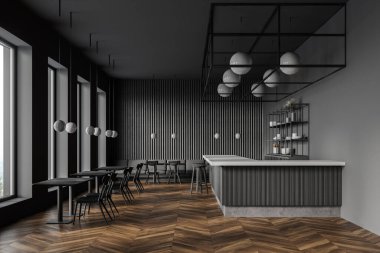 Koyu gri duvarları, ahşap zemini, kare masaları, bar tezgahı ve arka planda kanepesi olan modern restoranın içi. 3d oluşturma