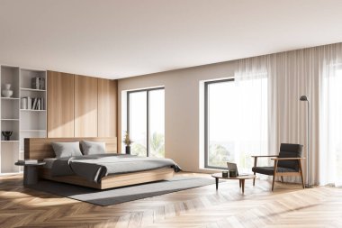 Beyaz ve ahşap duvarları, ahşap zemini, rahat kral yatağı, bir kitaplık ve gri koltuğu olan şık yatak odasının köşesi. 3d oluşturma