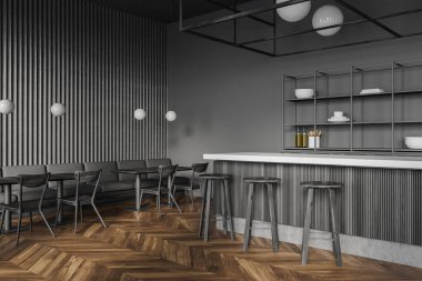 Gri duvarları, koyu ahşap zemini, kare masaları ve tabureli bar tezgahının köşesi. 3d oluşturma