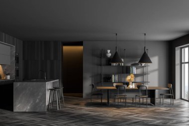 Gri ve ahşap duvarlı modern mutfak, ahşap zemin, yemek masası ve tabureli mermer bar. 3d oluşturma