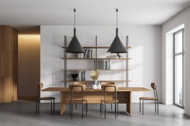 Beyaz ve ahşap duvarları, beton zemini ve yemek masası olan şık bir mutfak. 3d oluşturma