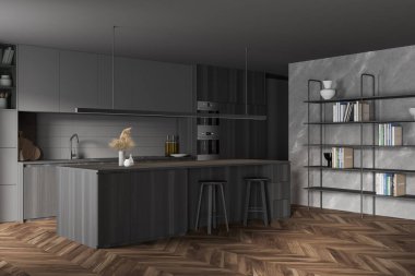 Gri ve ahşap duvarları olan modern mutfağın köşesi, ahşap zemin, gri ve ahşap dolaplar ve tabureli bar. 3d oluşturma