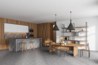 Modern mutfağın köşesinde beyaz ve ahşap duvarlar, beton zemin, yemek masası ve tabureli mermer bar. 3d oluşturma