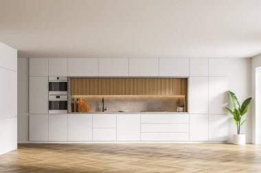 Beyaz duvarları ve ahşap zemini olan modern mutfakta tahta ve beyaz dolaplar. 3d oluşturma