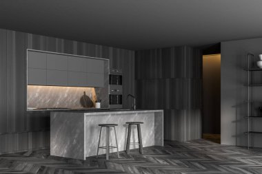 Gri ve ahşap duvarları olan şık bir mutfağın köşesi, ahşap zemin, tabure ve dolapları olan mermer bar. 3d oluşturma