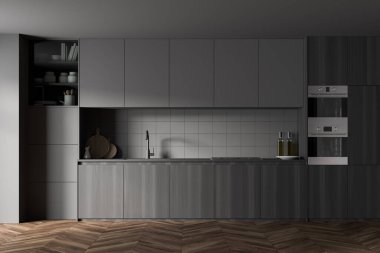 Gri ve ahşap duvarları, ahşap zemini, gri ve ahşap dolapları olan modern mutfağın içi. 3d oluşturma