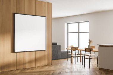 Beyaz ve ahşap duvarları olan şık bir mutfağın köşesi, ahşap zemin ve lavabo ve fırından yapılmış bir ada. Kare maket posteri. 3d oluşturma