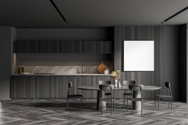 Ahşap ve gri duvarları, ahşap zemini, yemek masası ve kare şeklindeki posterleri olan şık bir mutfak. 3d oluşturma