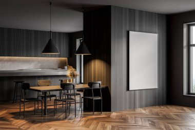 Gri ve ahşap duvarları olan şık bir mutfağın köşesi, ahşap zemin, uzun yemek masası ve dikey maket posteri. 3d oluşturma