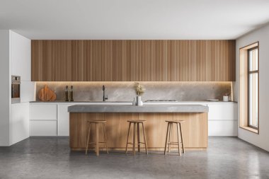 Beyaz duvarları, beton zemini, tabureleri ve beyaz dolapları olan modern mutfağın içi. 3d oluşturma