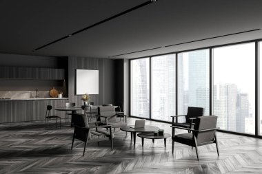 Ahşap ve gri duvarları olan şık bir mutfağın köşesi, ahşap zemin, yemek masası ve arka planda tabureleri olan bir bar. Kare maket posteri. 3d oluşturma