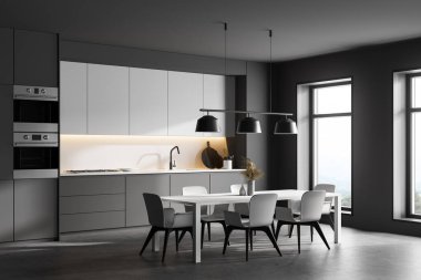 Gri ve beyaz duvarları olan modern mutfağın köşesi, beton zemin, gri ve sarı dolaplar ve uzun yemek masası. Bulanık görüşlü bir pencere. 3d oluşturma