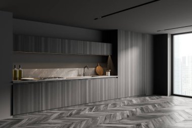 Ahşap duvarları, ahşap zemini ve ahşap çömlekleri olan şık bir mutfağın köşesinde. 3d oluşturma