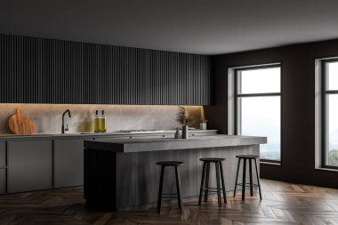 Gri duvarlı şık mutfak köşesi, ahşap zemin tabureli bar tezgahı ve gri dolaplar. 3d oluşturma