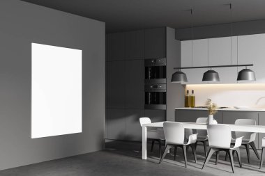 Gri ve beyaz duvarları olan modern mutfağın köşesi, beton zemin, gri ve sarı dolaplar ve uzun yemek masası. Posta kutusuna dikey maket yap. 3d oluşturma