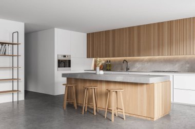 Beyaz duvarları, beton zemini, tabureleri ve beyaz dolapları olan şık bir mutfağın köşesi. 3d oluşturma