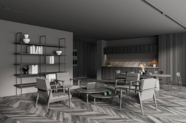 Şık mutfak ve oturma odasının köşesinde gri duvarlar, ahşap zemin, yemek masası ve kitaplığın yanında duran gri koltuklar. 3d oluşturma