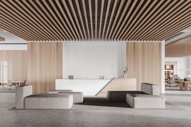 Beyaz ve ahşap duvarları, beton zemini, gri koltukları ve resepsiyon masası olan modern ofis bekleme odasının içinde. 3d oluşturma