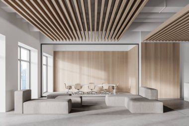 Beyaz ve ahşap duvarları, beton zemini, gri koltukları ve resepsiyon masası olan modern ofis bekleme odasının içinde. Toplantı odası arka tarafta. 3d oluşturma