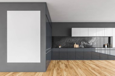 Siyah beyaz mutfak tuvali, aletler, ocak ve parke döşeme. Modern minimalist mutfak seti koyu mermer dekorasyonlu, 3 boyutlu, kimseyi yansıtmayan