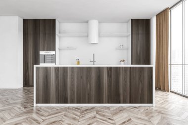 Ahşap ve beyaz minimalist mutfak seti ve perdelerle pencere kenarındaki masayı kesiyor. Mutfak ocağı ve kapüşonlu, 3 boyutlu, kimseyi göstermiyor.