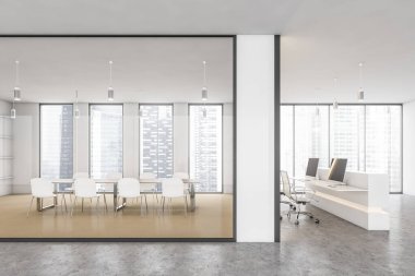 Cam pencerenin arkasında masa ve sandalyeli bir ofis konferans odası. Aydınlık toplantı odası ve resepsiyon odası. Koltukları ve bilgisayarları var. 3D 'de kimse yok.