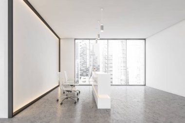 İki bilgisayarı ve koltuğu olan beyaz kabul odası. Arka lambalı beyaz duvar, resepsiyon girişi pencerenin yanındaki ofis masası, mermer zemin 3D çizimi, insan yok.