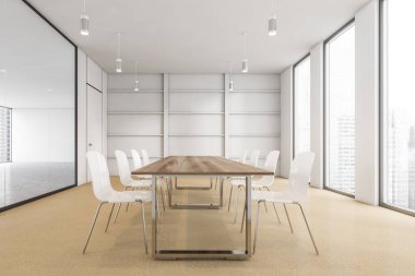 Beyaz sandalyeli ve ahşap masalı beyaz ofis konferans odası. Mobilyalı ve pencereli toplantı odası şehir manzaralı, 3D, kimseyi göstermiyor