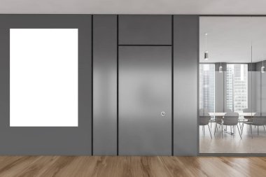 Siyah ofis konferans odasındaki sandalyeli ve masalı tuvali kopyala. Modern ofisin cam penceresinin arkasındaki posterli toplantı odası, parke kat 3D, kimseyi görüntülemiyor.