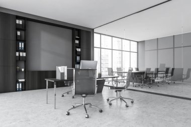 Sandalyeli gri ışık ofisi, bilgisayarı ve rafı olan masa mermer zeminde mobilyaları olan toplantı odası, yan görüş. İşletme lüks danışma odası, 3 boyutlu, kimseyi göstermiyor.