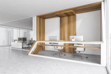 Beyaz ve ahşap resepsiyon odası mermer zemin üzerinde iki bilgisayar ve koltuk, yan manzara, arka planda iş odası. Resepsiyon ve konferans odası, 3 boyutlu, kimseyi göstermiyor.