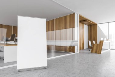 Beyaz ve ahşap resepsiyon odasında mermer zeminde mobilyaları olan bir tuval. Pencerenin yanında ofis masası olan resepsiyon girişi, 3 boyutlu, kimseyi göstermiyor