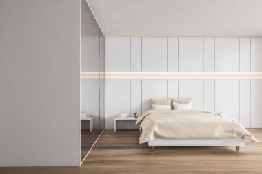 Bej ve ahşap yatak odasındaki kopya alanı, yastıklı ve çarşaflı beyaz yatak. Minimalist yatak odası, kostüm ve parke zemin, 3 boyutlu, kimseyi göstermiyor.