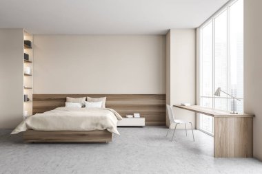 Bej ve ahşap yatak odası, yastıklı yatak ve çarşaflı yatak, pencereye yakın sandalyeli masa. Mermer zemin, kitaplık ve pencere şehir manzaralı, 3D, kimseyi göstermiyor