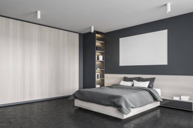 Siyah ve ahşap yatak odasındaki çerçeve, yastıklı ve çarşaflı yatak, köşede kitaplık. Karanlık zemin, ahşap gardırop, 3 boyutlu, kimseyi yansıtmayan.