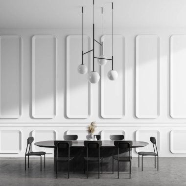 Minimalist yemek odasının içinde beyaz duvarlar, beton zemin, uzun oval masa ve siyah sandalyeler var. 3d oluşturma