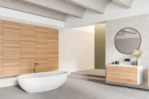 Angolo Elegante Bagno Con Pareti Bianche Legno Pavimento Cemento Lavandino — Foto Stock