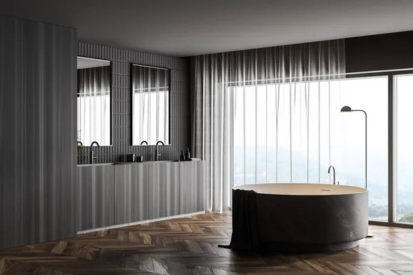 グレーと木製の壁 木製の床 円形の浴槽とミラー付きのダブルシンクとスタイリッシュなバスルームのコーナー 3Dレンダリング — ストック写真