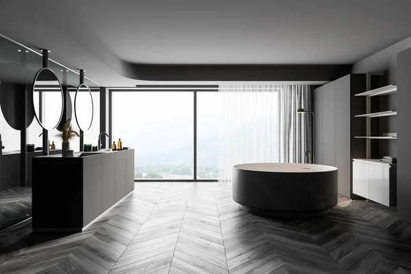 带有灰色墙壁 木制地板 圆形浴缸和带有圆形镜子的双层水池的时尚浴室的内部 云雾弥漫的山景 3D渲染 — 图库照片