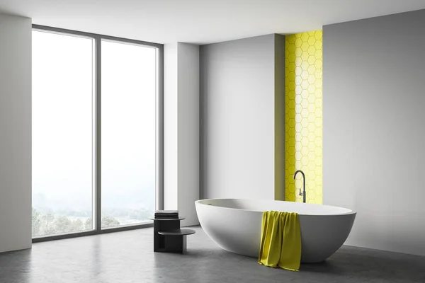 Hoek Van Moderne Badkamer Met Witte Felgele Muren Betonnen Vloer — Stockfoto