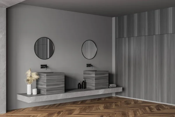 Ecke Des Luxus Badezimmers Mit Grauen Wänden Und Marmor Holzboden — Stockfoto