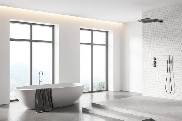 Corner Modern Bathroom White Walls Concrete Floor Comfortable Bathtub Shower — Stock Photo, Image