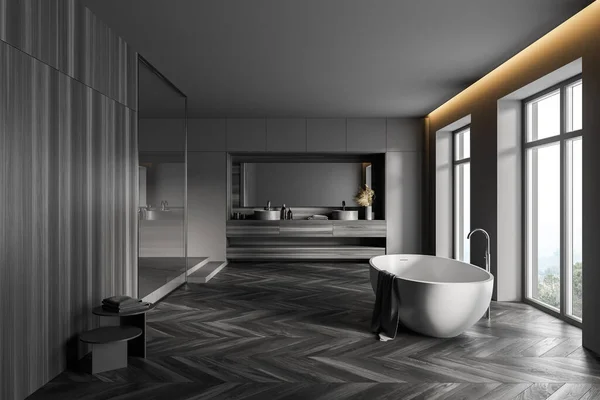 Interior Casa Banho Elegante Com Paredes Cinza Madeira Piso Madeira — Fotografia de Stock