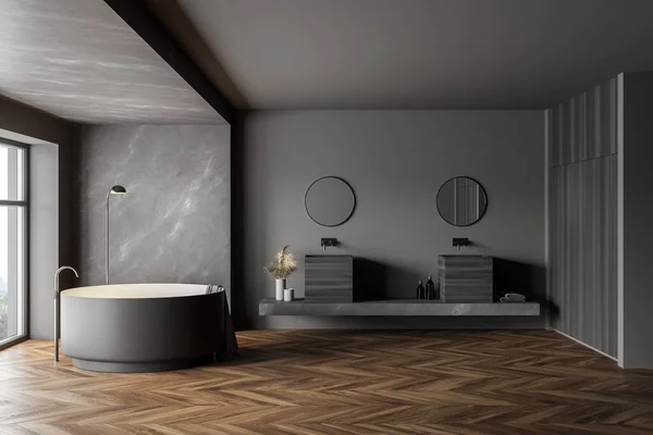 Intérieur Salle Bain Luxe Avec Murs Gris Marbre Sol Bois — Photo