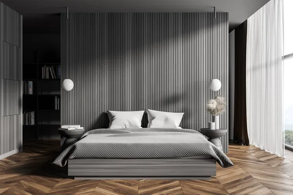 Interieur Van Master Bedroom Met Donkere Houten Muren Houten Vloer — Stockfoto