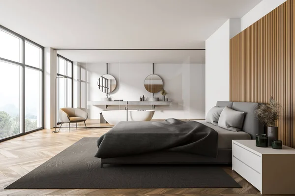 Interior Kamar Tidur Modern Dengan Dinding Putih Dan Kayu Lantai — Stok Foto