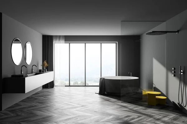 Intérieur Salle Bain Élégante Avec Des Murs Gris Plancher Bois — Photo